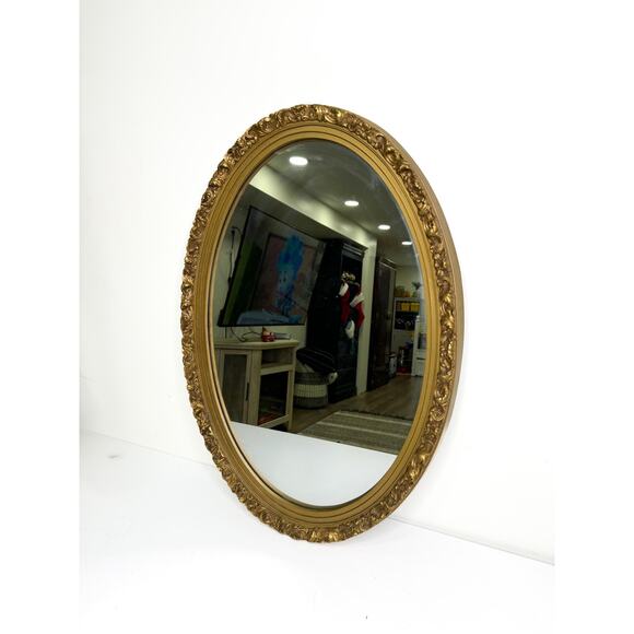 Vintage Gold Gilt Oval Mirror Vintage Hard Plastic Gold Frame Large Framed Oval - Picture 1 of 7